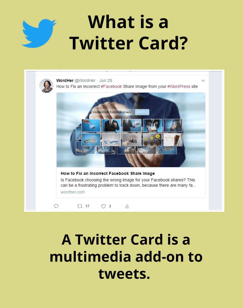 A #Twitter Card is multimedia tweet add-on if you use a
